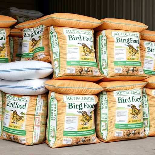 Large sacks of bird food stacked neatly