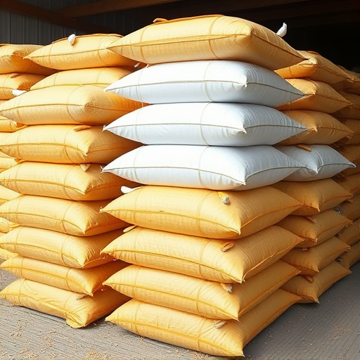 Large sacks of bird food stacked neatly