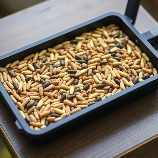 Low feeder tray with scattered seeds