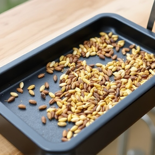 Low feeder tray with scattered seeds