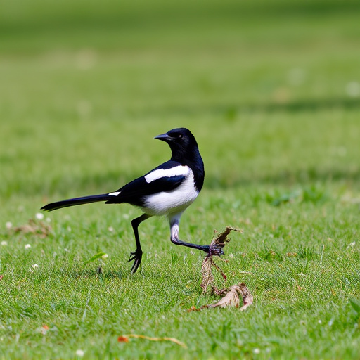 Magpie strutting across grassy lawn