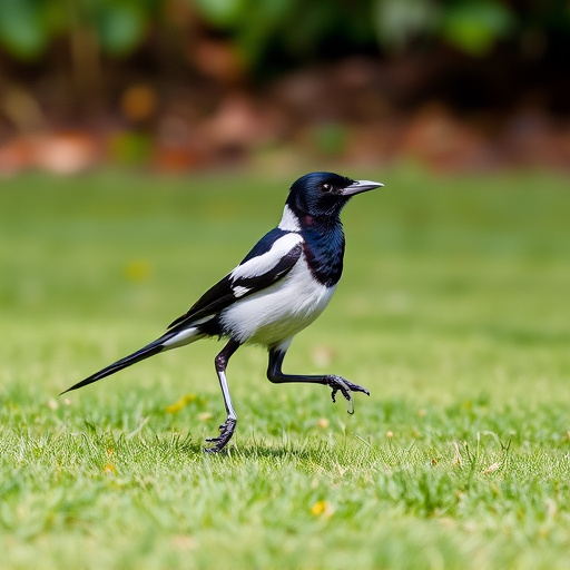 Magpie strutting across grassy lawn