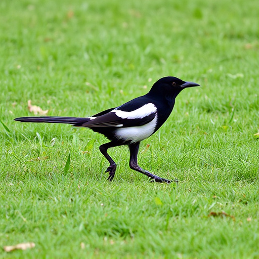 Magpie strutting across grassy lawn