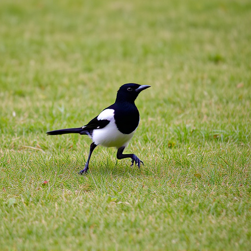 Magpie strutting across grassy lawn