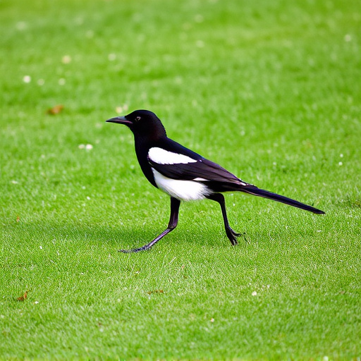 Magpie strutting across grassy lawn