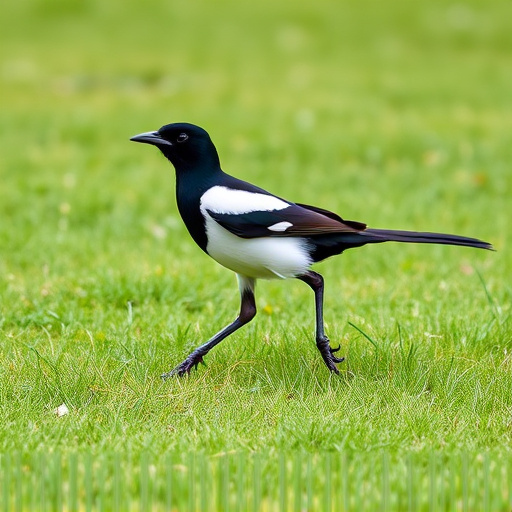 Magpie strutting across grassy lawn