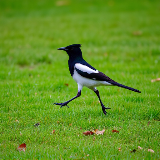 Magpie strutting across grassy lawn