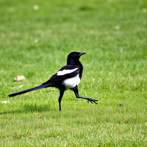 Magpie strutting across grassy lawn