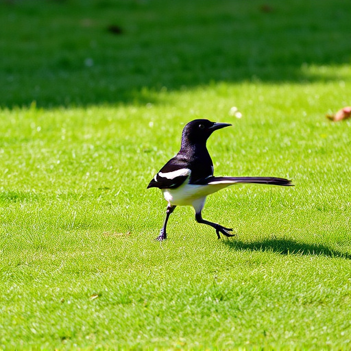 Magpie strutting across grassy lawn