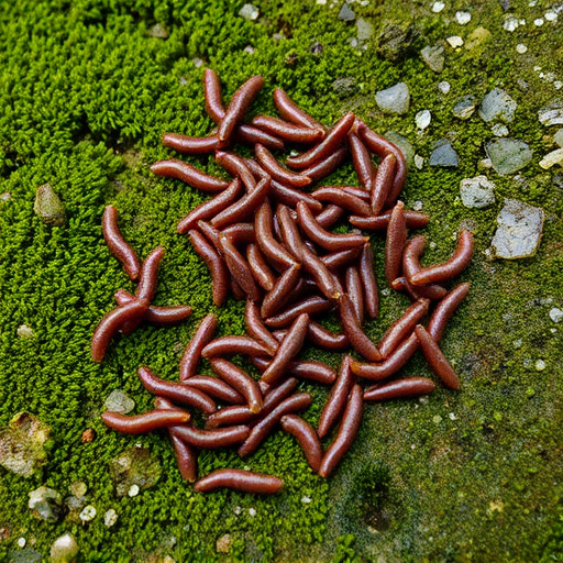 Mealworms scattered on mossy stone perch