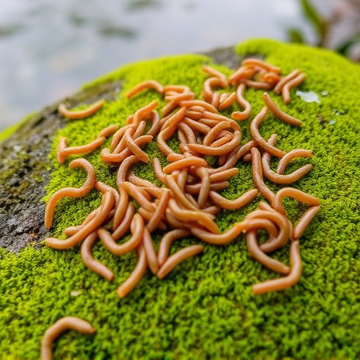 Mealworms scattered on mossy stone perch