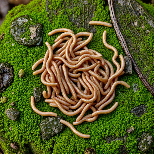 Mealworms scattered on mossy stone perch