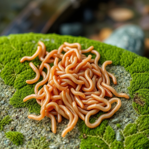 Mealworms scattered on mossy stone perch