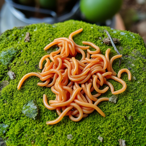 Mealworms scattered on mossy stone perch