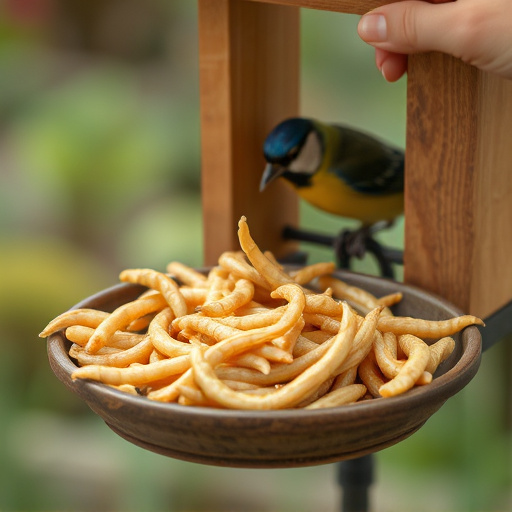 Mealworms served in low bird feeder