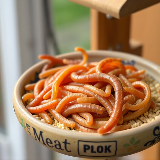Mealworms served in low bird feeder