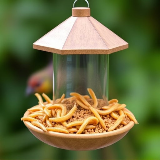 Mealworms served in low bird feeder