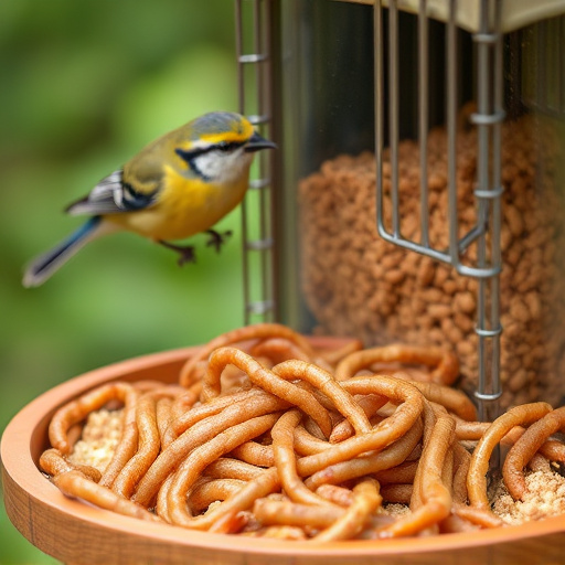 Mealworms served in low bird feeder