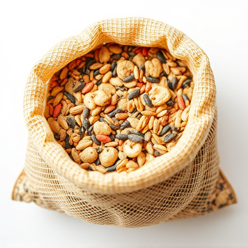 Mesh bag filled with birdseed mix