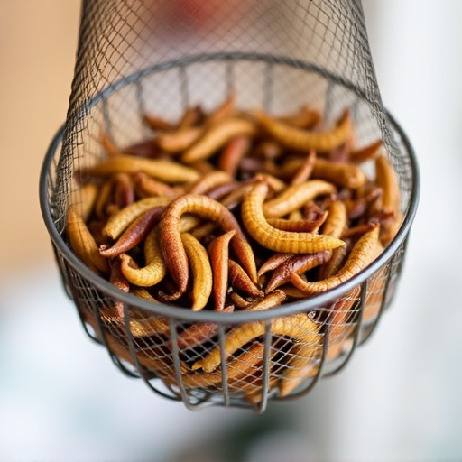 Mesh cage feeder filled with mealworms