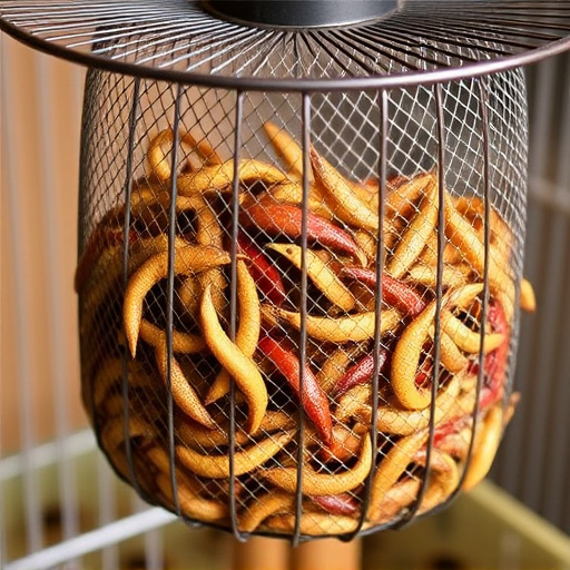 Mesh cage feeder filled with mealworms