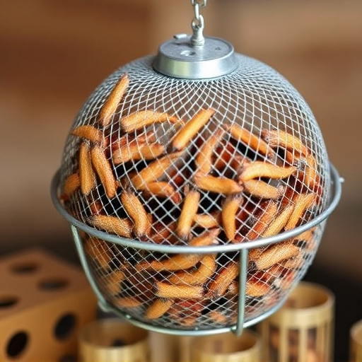Mesh cage feeder filled with mealworms