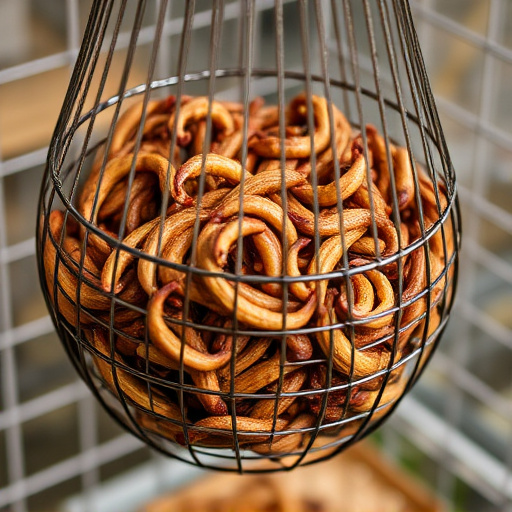 Mesh cage feeder filled with mealworms