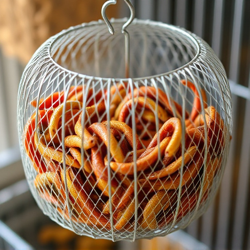Mesh cage feeder filled with mealworms