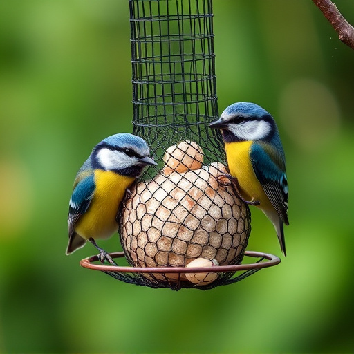 Mesh fat ball feeder with blue tits