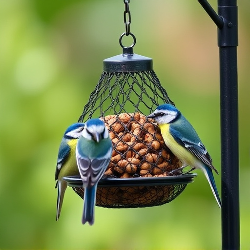 Mesh fat ball feeder with blue tits
