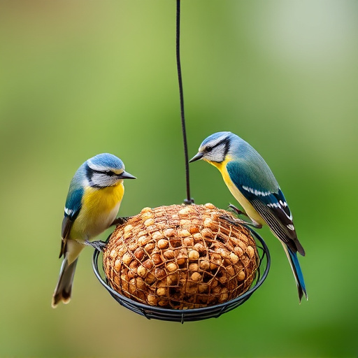 Mesh fat ball feeder with blue tits