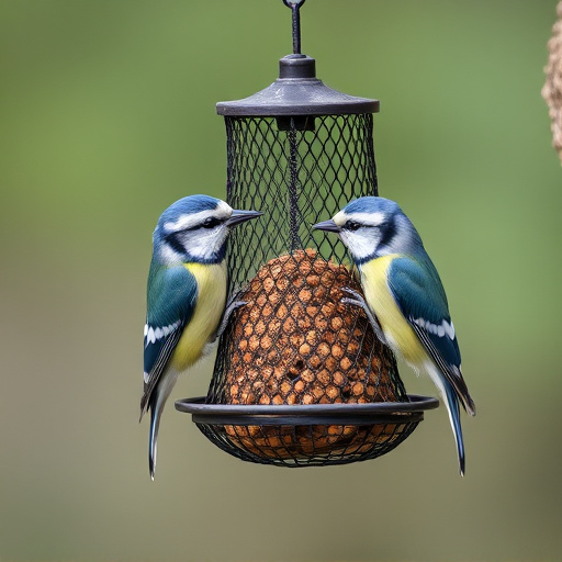 Mesh fat ball feeder with blue tits