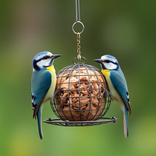 Mesh fat ball feeder with blue tits