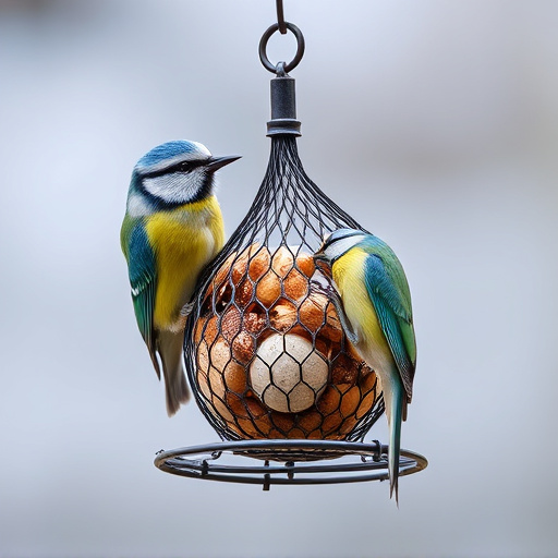 Mesh fat ball feeder with blue tits