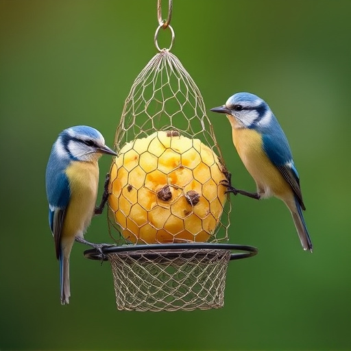 Mesh fat ball feeder with blue tits