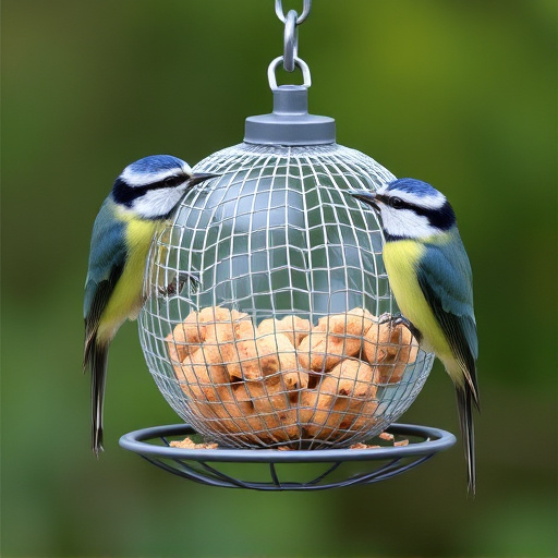 Mesh fat ball feeder with blue tits