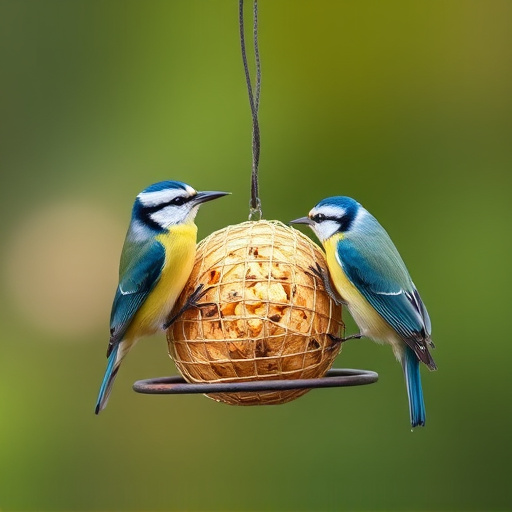 Mesh fat ball feeder with blue tits
