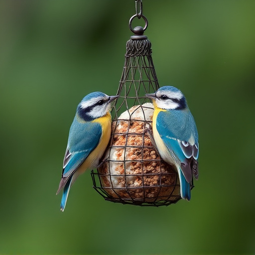 Mesh fat ball feeder with blue tits