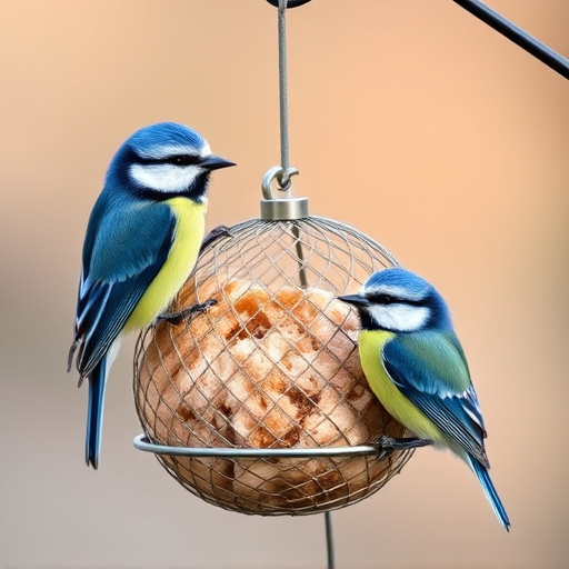 Mesh fat ball feeder with blue tits