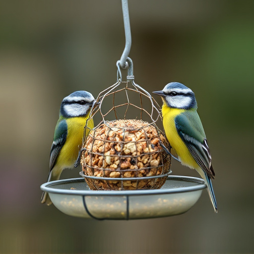 Mesh fat ball feeder with blue tits