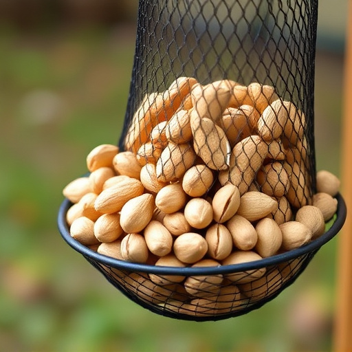 Mesh feeder filled with whole peanuts