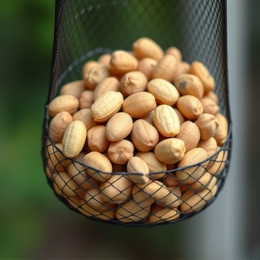 Mesh feeder filled with whole peanuts