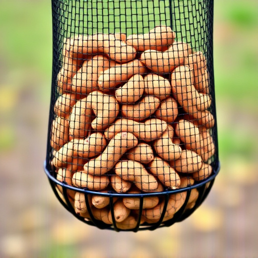 Mesh feeder filled with whole peanuts