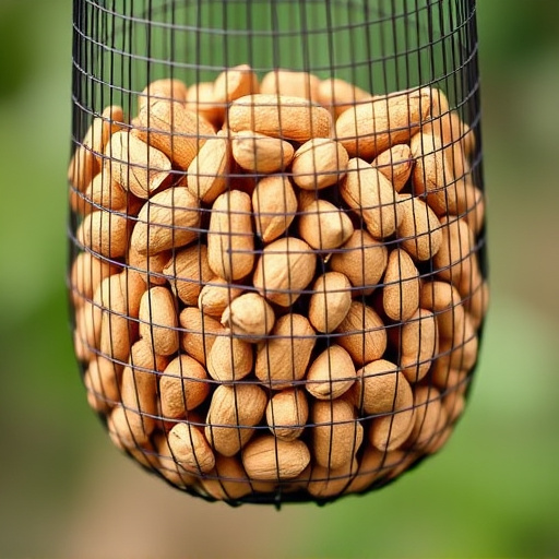 Mesh feeder filled with whole peanuts