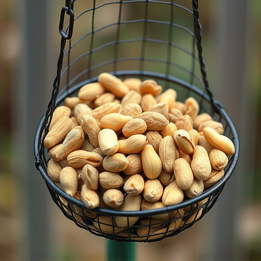 Mesh feeder filled with whole peanuts