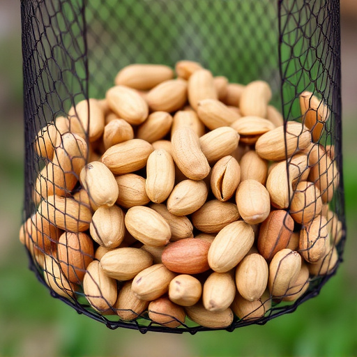 Mesh feeder filled with whole peanuts
