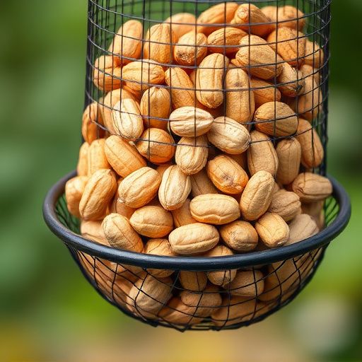 Mesh feeder filled with whole peanuts