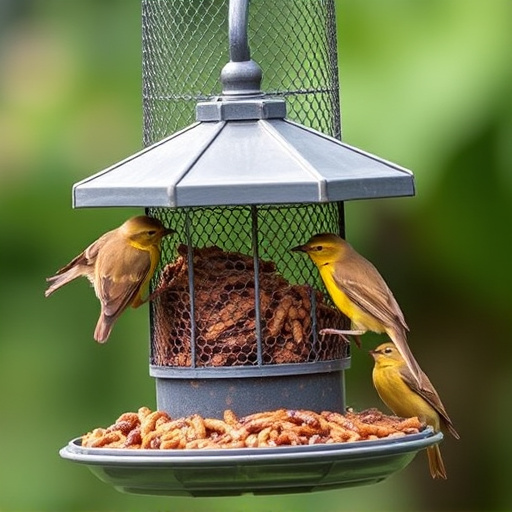 Mesh feeder with wrens and mealworms