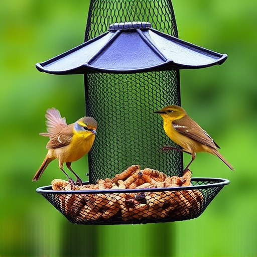 Mesh feeder with wrens and mealworms