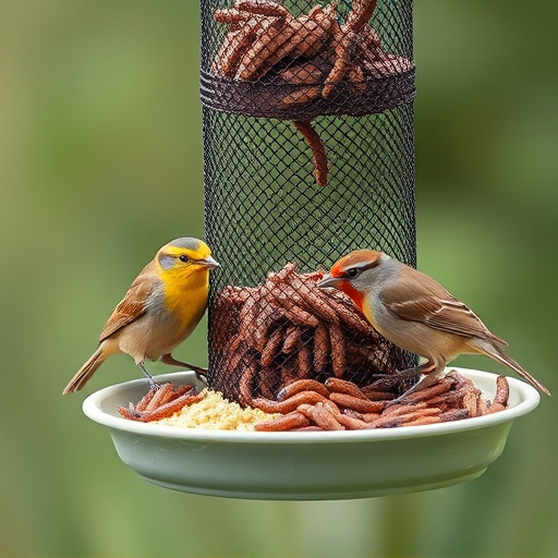 Mesh feeder with wrens and mealworms
